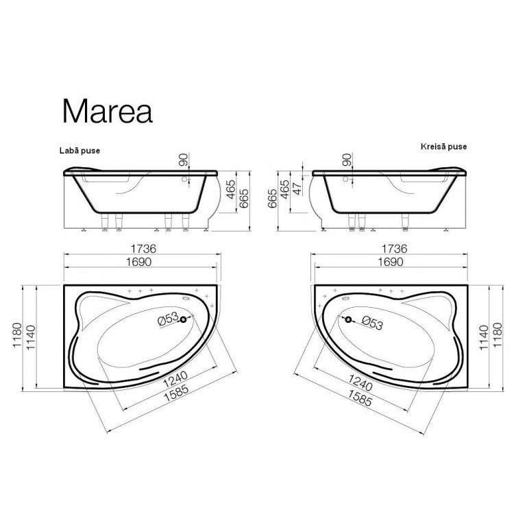 Stūra vanna Vispool MAREA 1736x1180mm