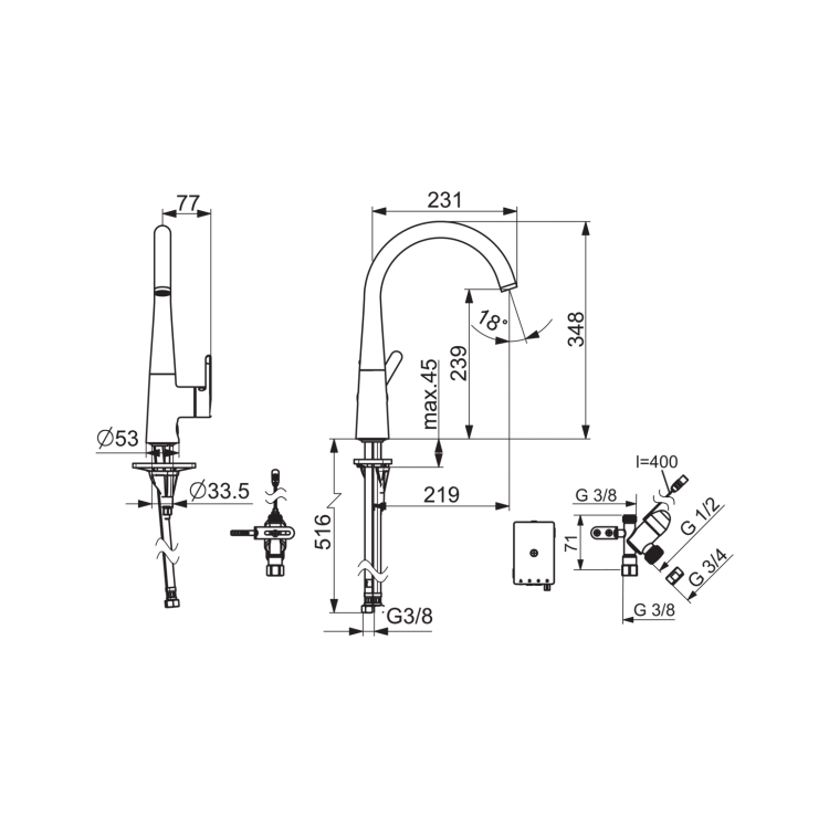 Virtuves izlietnes maisītājs ar vārstu ORAS Inspera, 3V 3035F