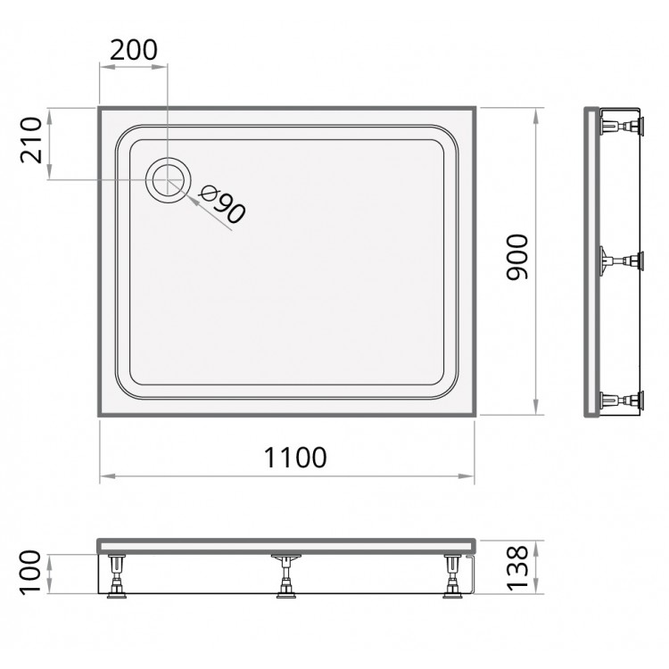Dušas paliktnis taisnstūra PAA LARGO New 90x110 cm
