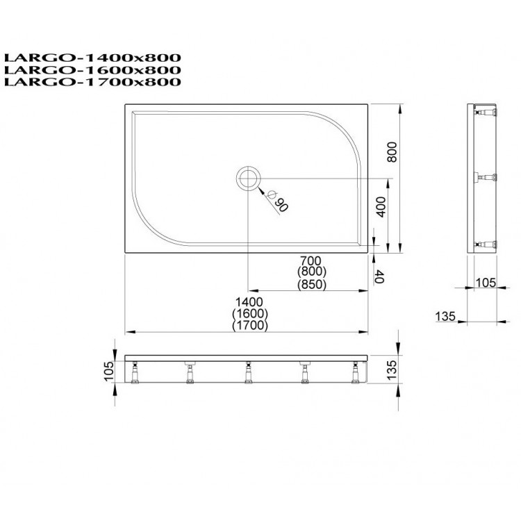 Dušas paliktnis taisnstūra PAA LARGO 80x170 cm