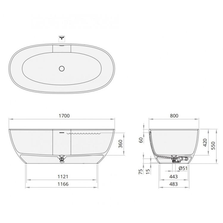 Brīvi stāvoša vanna PAA BELLA 1700x800, silkstone