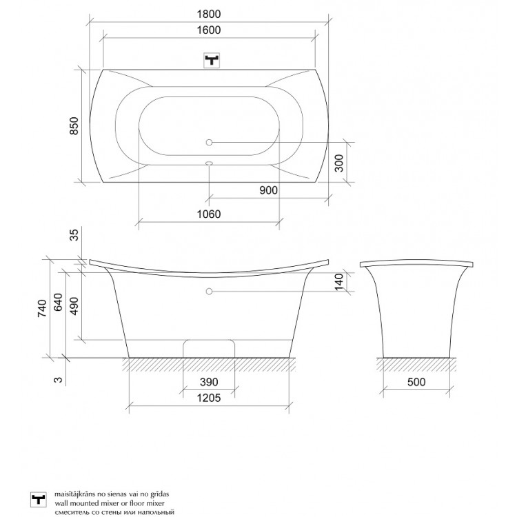 Brīvi stāvoša vanna PAA BEL CANTO 1800x850