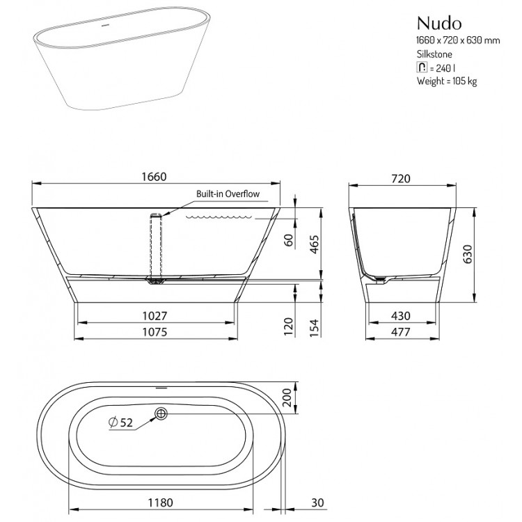 Brīvi stāvoša vanna PAA DECO NUDO 1600x725, silkstone, graphite