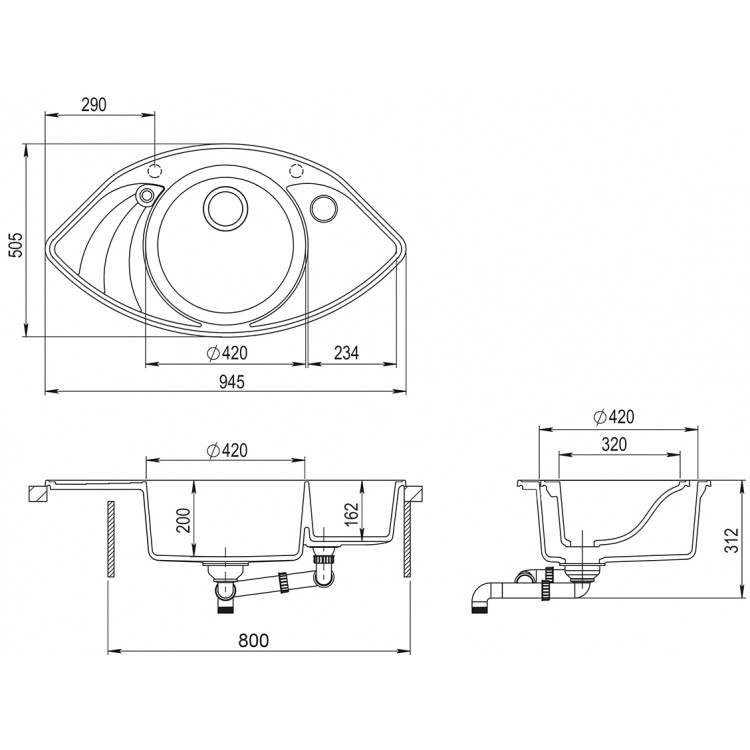 Virtuves izlietne HELIKA PAPILLON 945x505 mm, SCP151AW-222