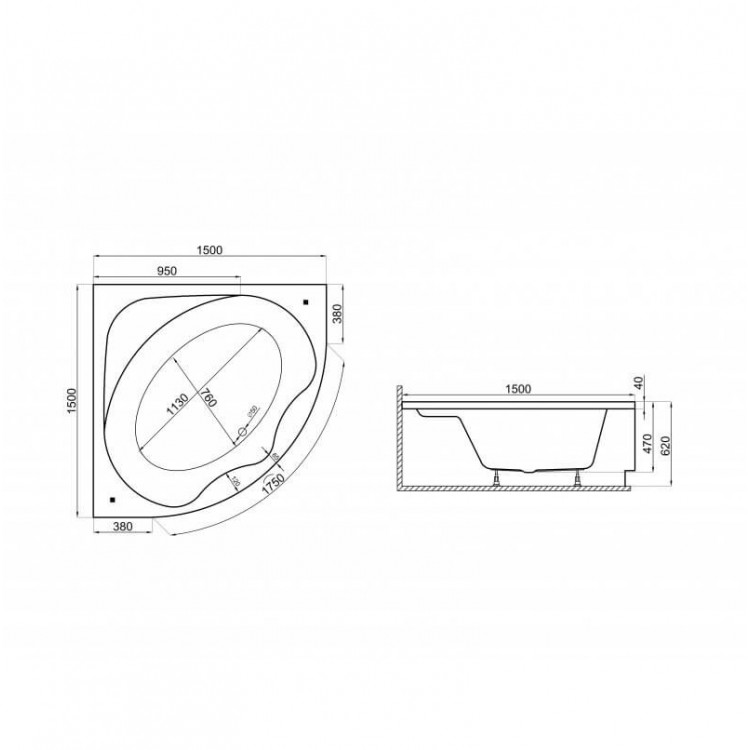 Stūra vanna Polimat STANDARD 2 150x150, 00248