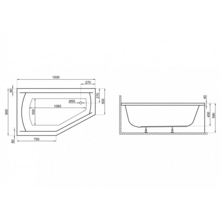 Stūra vanna Polimat SELENA 150x90 cm, 00385/00386