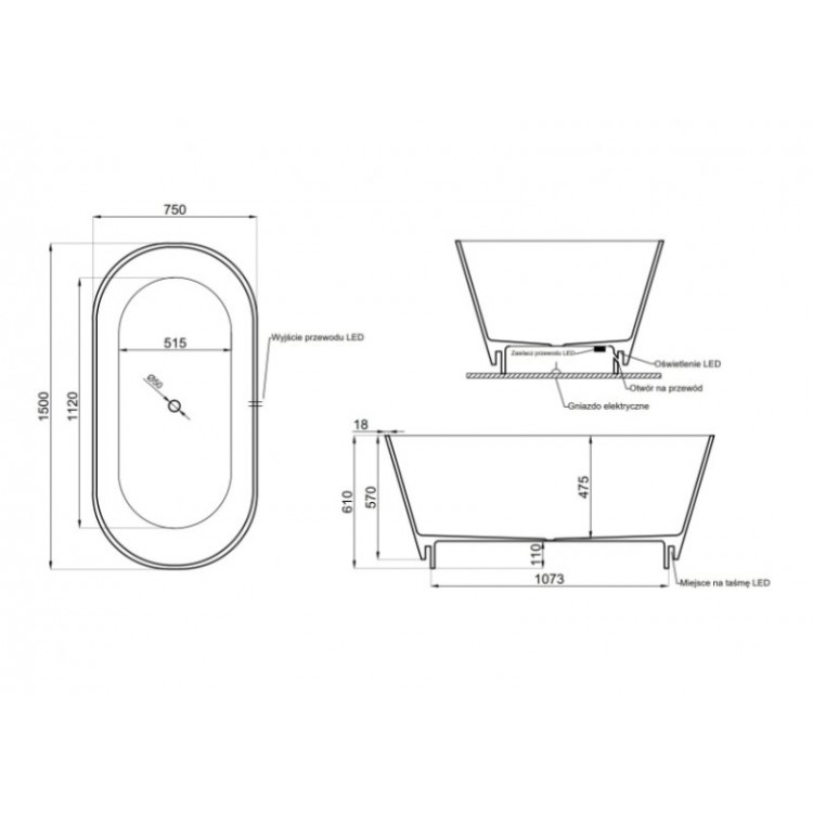 Brīvi stāvoša vanna Polimat IDA 150x75 cm, 00301