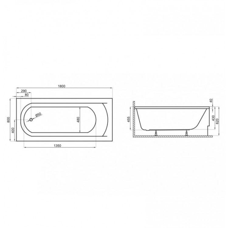 Taisnstūra vanna Polimat CLASSIC 180x80 cm, 00440