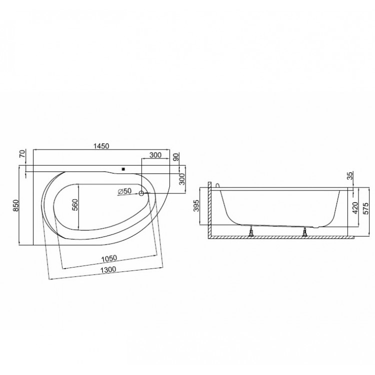 Stūra vanna Polimat MIKI 145x85 cm, 00421/420
