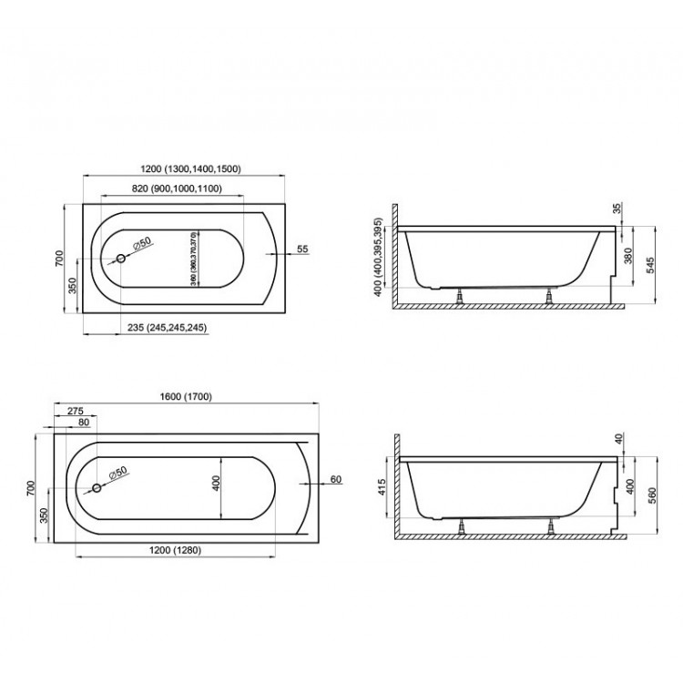 Taisnstūra vanna Polimat CLASSIC 150x70 cm, 00264