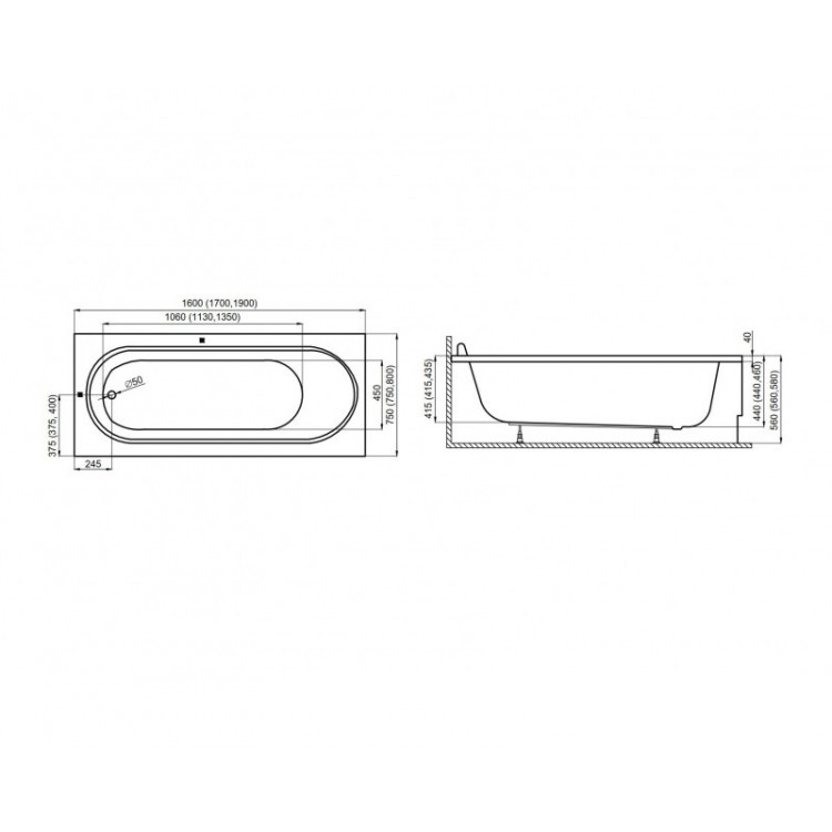 Taisnstūra vanna Polimat MEDIUM 170x75 cm, 00064