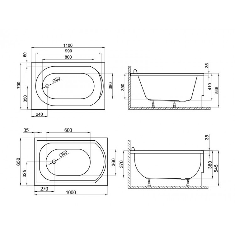 Taisnstūra vanna Polimat MINI 110x70 cm, 00545