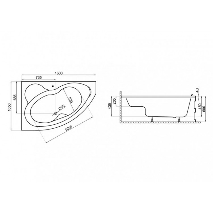 Stūra vanna Polimat MEGA 160x105 cm, 00230/229