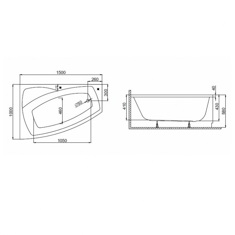 Stūra vanna Polimat FRIDA 150x100 cm, 00974/975