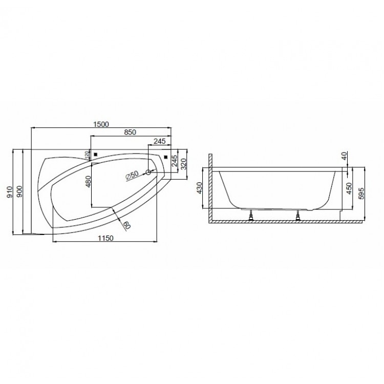 Stūra vanna Polimat FRIDA 150x90 cm, 00283/273