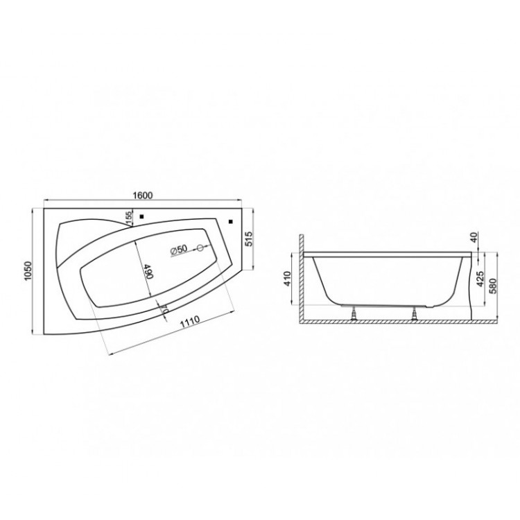 Stūra vanna Polimat FRIDA 160x105 cm, 00977/978