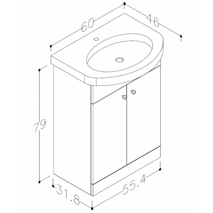 Vannas istabas skapītis ar izlietni RB PIANO 60cm VA60-1/P
