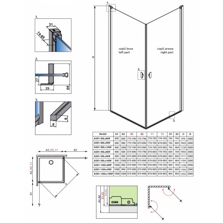 Dušas stūris kvadrātveida Radaway NES Black KDD I 90x90cm
