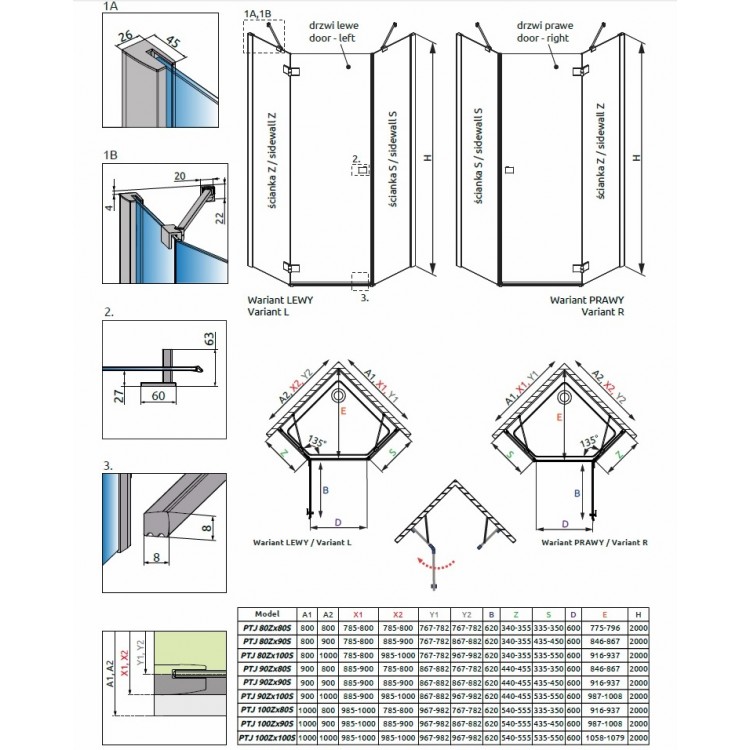 Dušas stūris piecstūru Radaway Essenza New PTJ 80x100 cm
