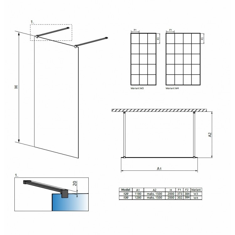 Dušas siena Radaway Modo New Black I Factory 120x200cm