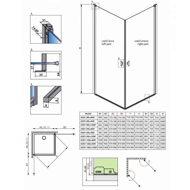 Dušas stūris kvadrātveida Radaway NES KDD I 80x80cm
