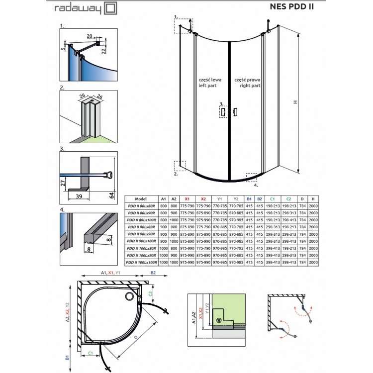 Dušas stūris pusapaļš Radaway NES PDD II 80x80cm