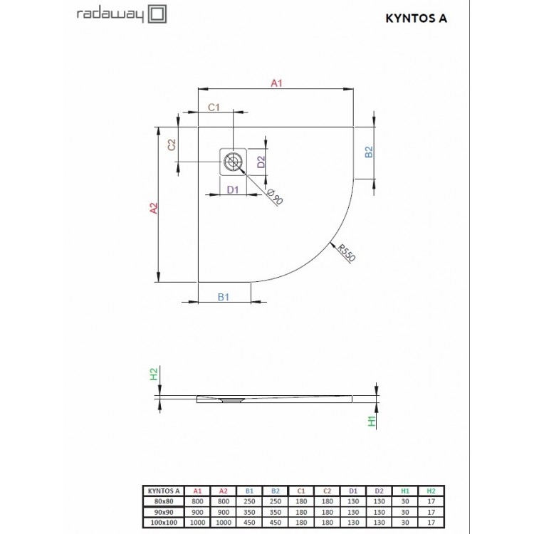 Dušas paliktnis pusapaļš Radaway KYNTOS A 100x100cm, antracīts