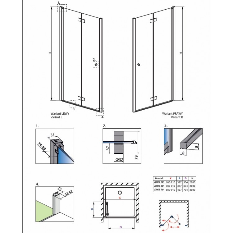 Dušas durvis Radaway NES DWB 80 L/R