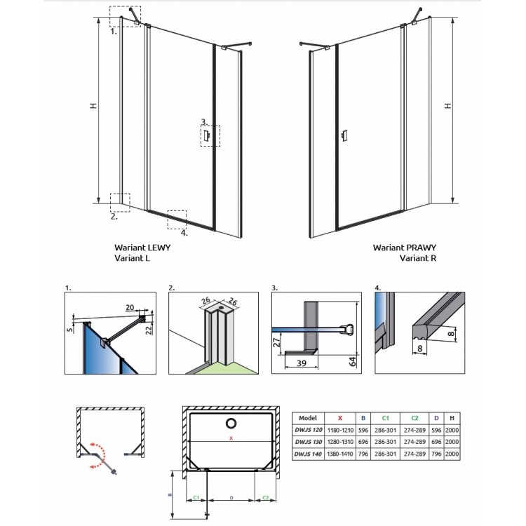 Dušas durvis Radaway NES DWJS 130 L/R