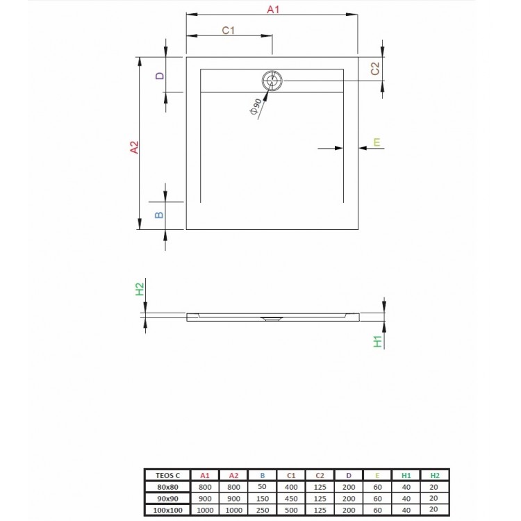 Dušas paliktnis kvadrātveida Radaway TEOS C 100x100cm, cements