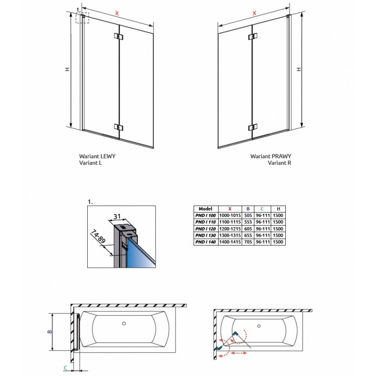 Vannas sieniņa Radaway NES PND I 140 cm