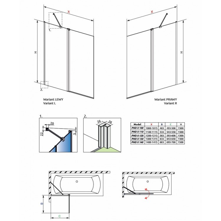 Vannas sieniņa Radaway NES PND II 120 cm