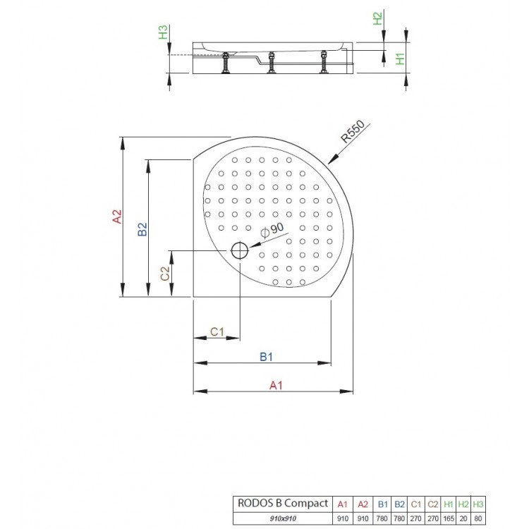 Dušas paliktnis pusapaļš Radaway Rodos B Compact 90x90 ,balts