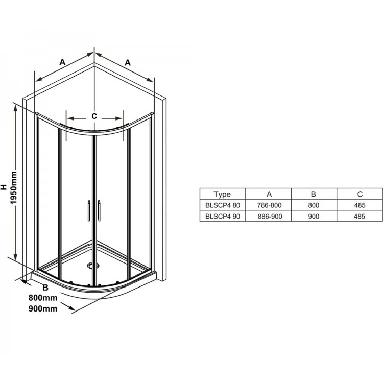 Dušas stūra komplekts pusapaļš RAVAK Blix Slim BLSCP4 80x80cm ar paliktni, melns