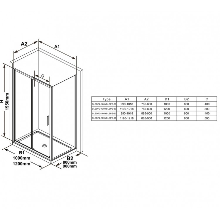 Dušas stūris taisnstūra Ravak Blix Slim BLSDP2+BLSPS 100x90cm
