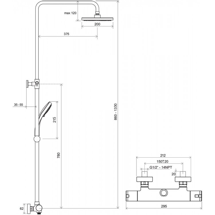 Termostata dušas sistēma RAVAK TE 091.00/150, X070058
