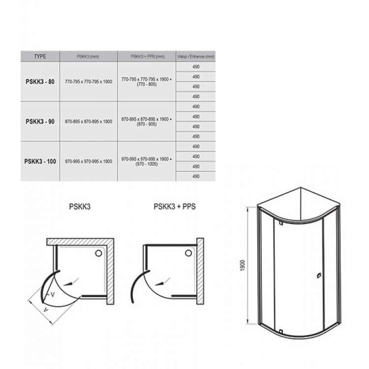 Dušas stūris pusapaļš RAVAK PIVOT PSKK3 90x90cm, melns