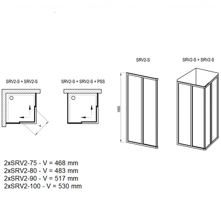 Dušas stūris kvadrātveida RAVAK 2xSRV2S 75x75 cm, balts/caursp.