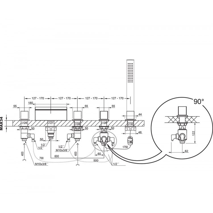 Vannas maisītājs uz vannas malas ar kaskādi RAVAK 5-daļīgs, WF 025.00