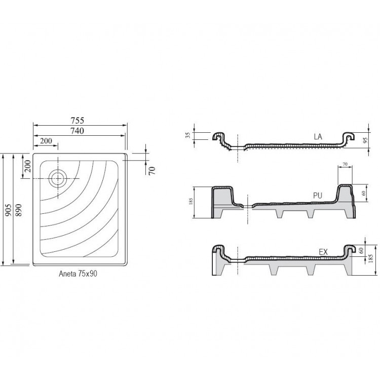 Dušas paliktnis taisnstūra RAVAK ANETA 75x90 EX