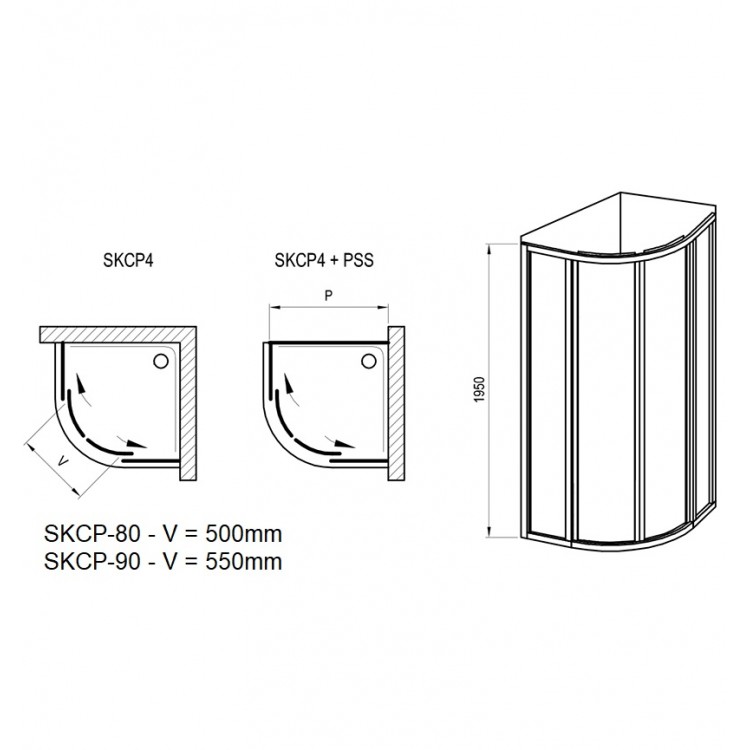 Dušas stūris pusapaļš RAVAK SKCP4 90x90cm, melns/grape