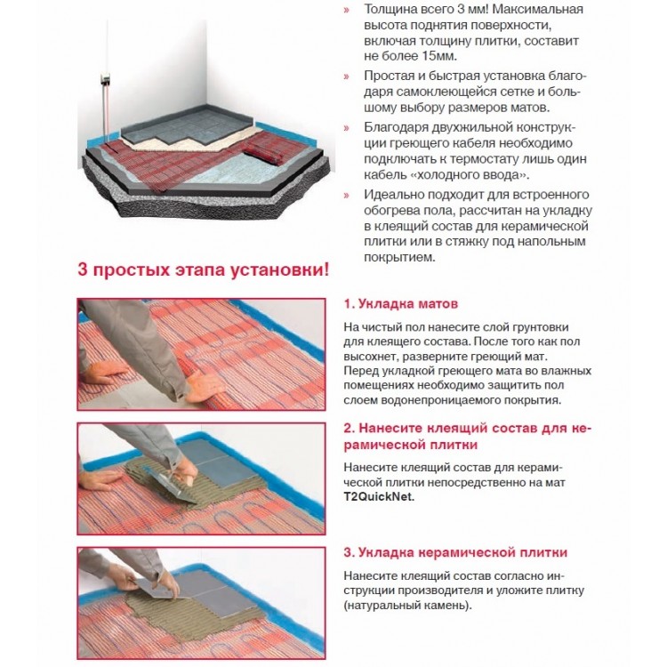Elektriskais apsildes paklājs Raychem T2 QuickNet 1600W, 10.0m2