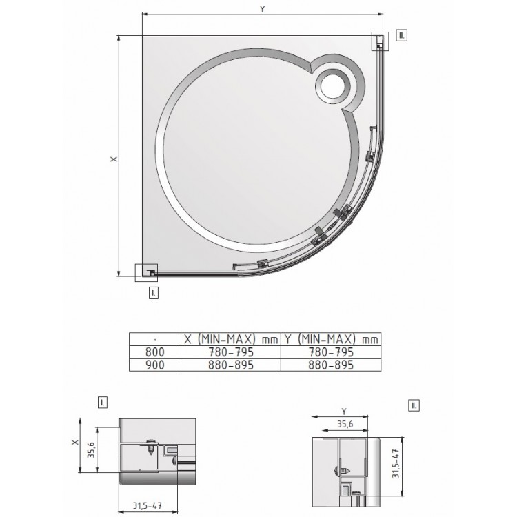 Dušas stūris pusapaļš Roltechnik LLR2 900x900 mm, spīdīgs