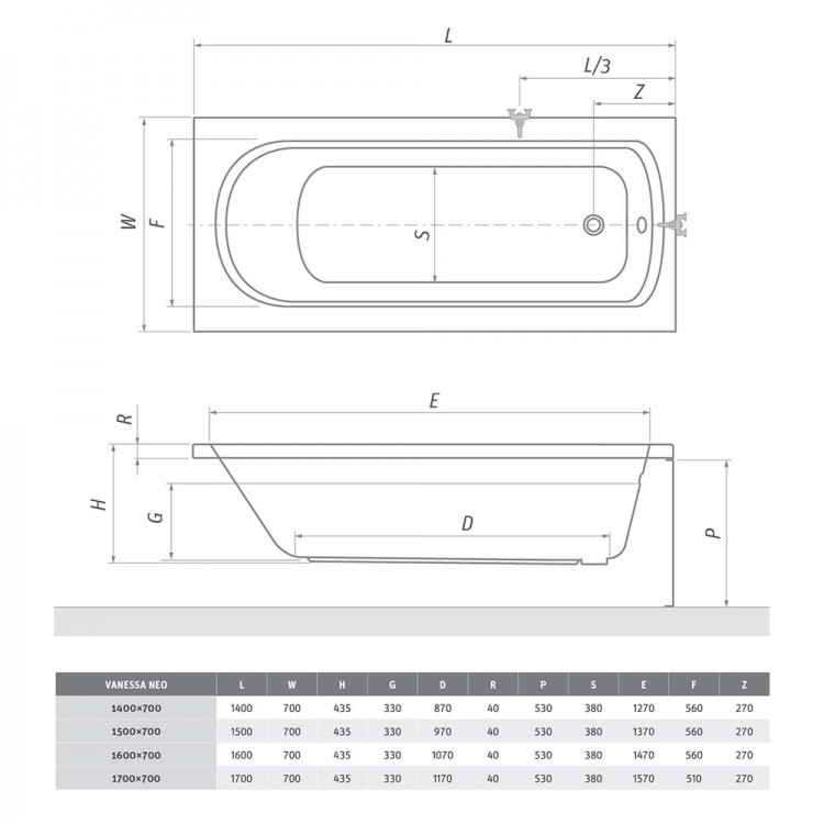 Taisnstūra vanna Roltechnik Vanessa NEO 150x70