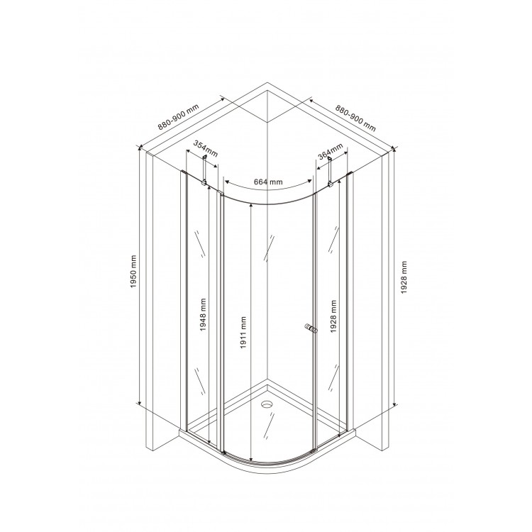 Dušas stūris pusapaļš Rubineta RUB-205 90x90cm, 693003