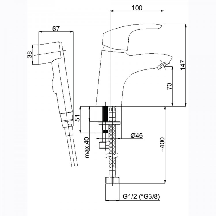 Izlietnes maisītājs ar bidetta rokas dušu Rubineta Tornado-17