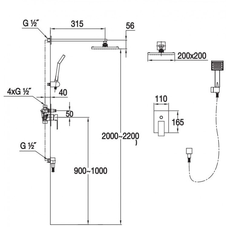 Dušas sistēma iebūvējamā Blue Water Toronto, TOR-ZKP.150C