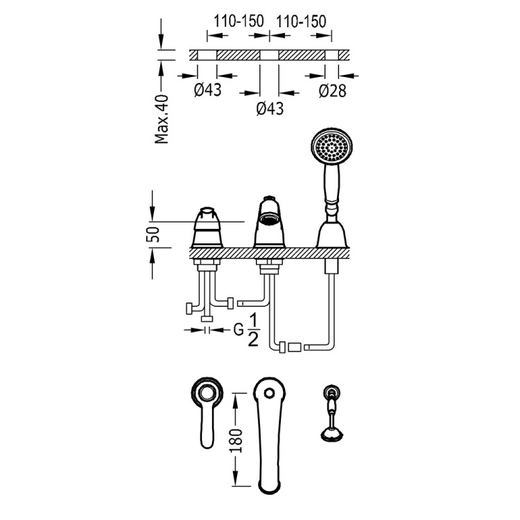 Vannas maisītājs uz vannas malas CLASIC-TRES 3-daļīgs, 24214501LM