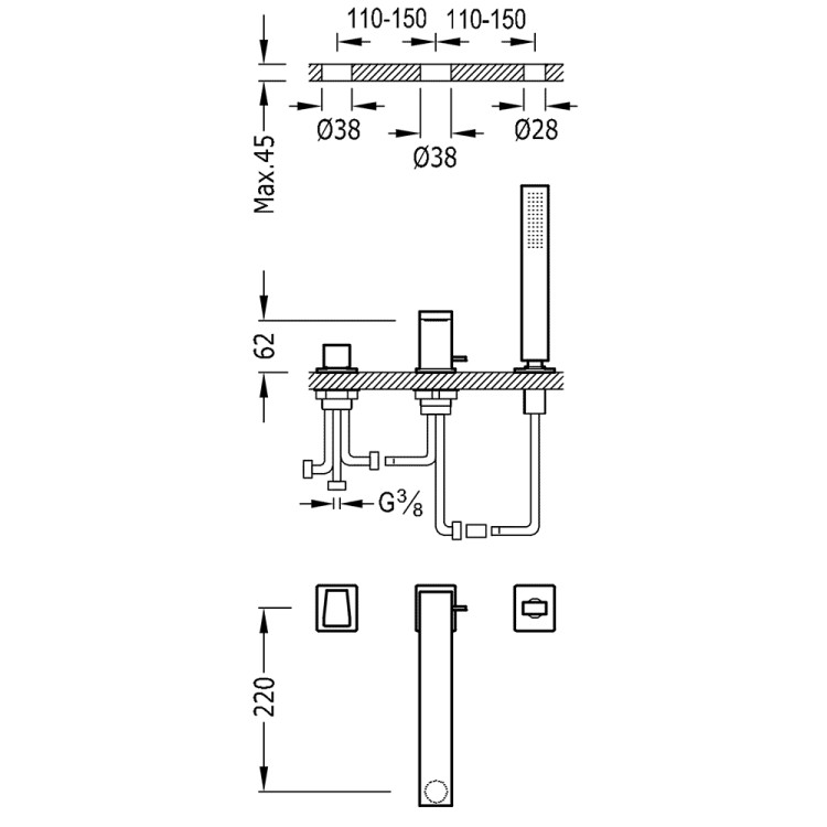 Vannas maisītājs uz vannas malas SLIM-TRES 3-daļīgs, 20216102