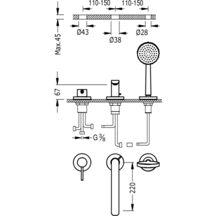 Vannas maisītājs uz vannas malas ALPLUS-TRES 3-daļīgs 20316101